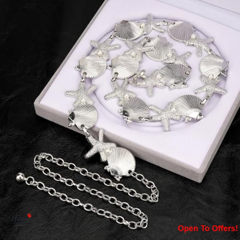 Adjustable Chain Belt with Shell Starfish and Synthetic Pearls, 47 Inch - Picture 2 of 7
